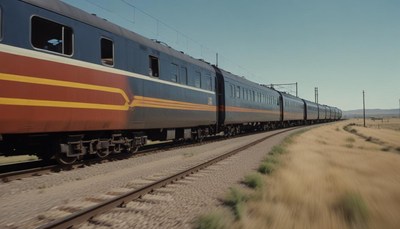 A long train travels through a desert landscape