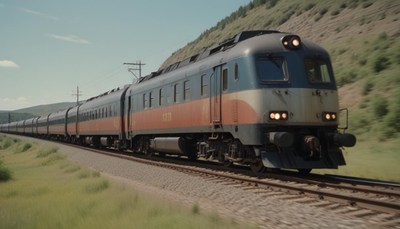 A passenger train travels through a mountainous region