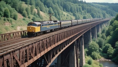 A train crosses a tall bridge in the countryside