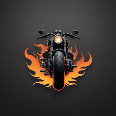 A black motorcycle with flames behind it