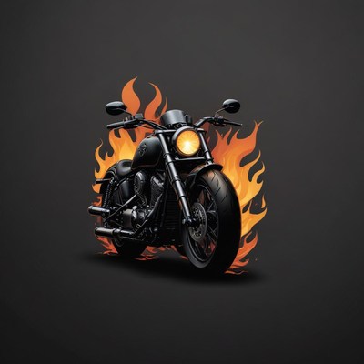 A black motorcycle is engulfed in flames