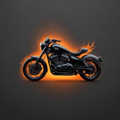 A black motorcycle with flames behind it