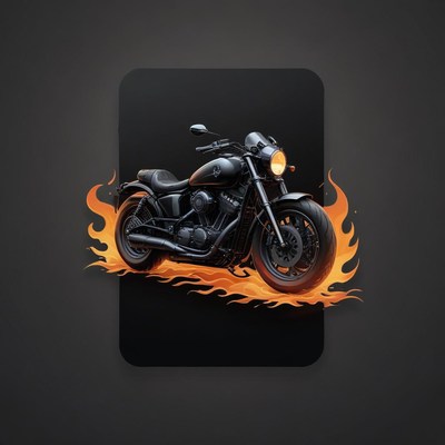 A black motorcycle with flames is on a black background