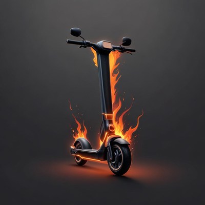 A black electric scooter engulfed in flames