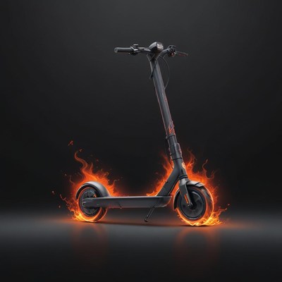 Burning black electric scooter on dark backdrop