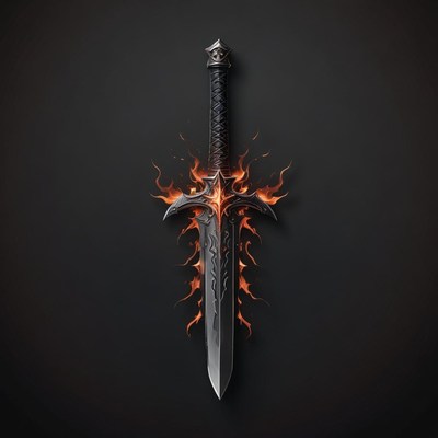 A flaming sword rests on a black surface
