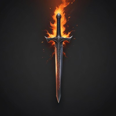 A sword engulfed in flames against a dark background