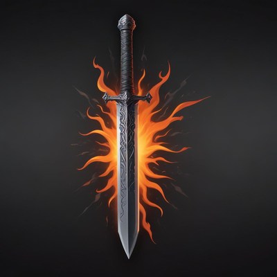 A silver sword sits in a ring of fire