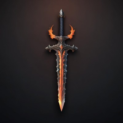 A fiery sword sits against a dark backdrop
