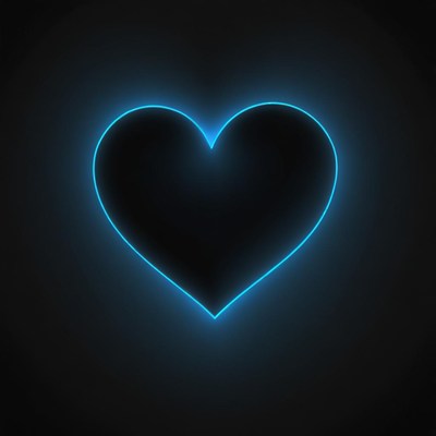 A blue neon heart glows against a black background