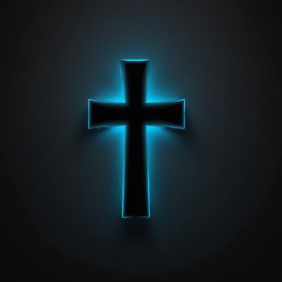 A black cross glows blue in the dark