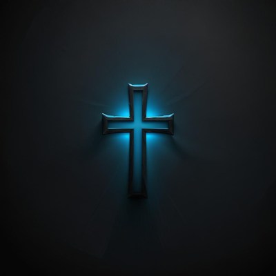 A silver cross glows blue in the dark