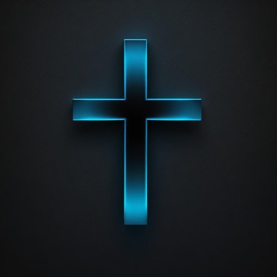 A blue neon cross against a dark background