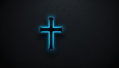 A glowing blue cross on a dark background