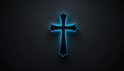 A black cross with blue glow on a dark background