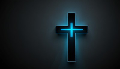 A black cross with blue neon lighting on a dark wall