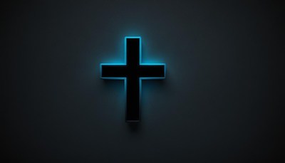 A black cross glows against a dark wall
