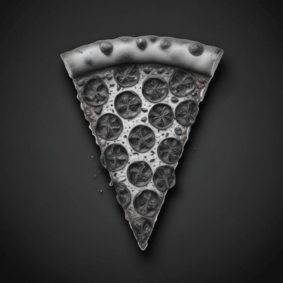 A slice of pizza sits on a black surface