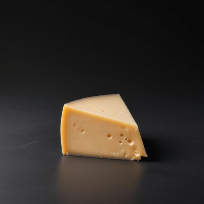 A wedge of cheese sits on a black surface
