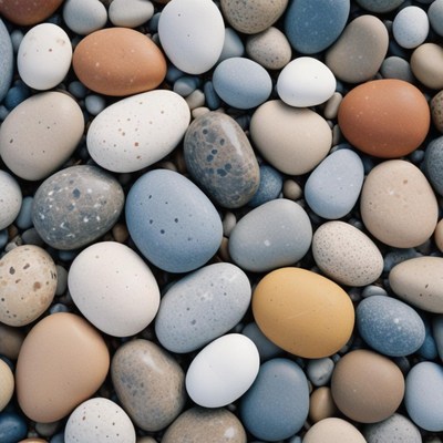 Smooth, colorful pebbles on a beach