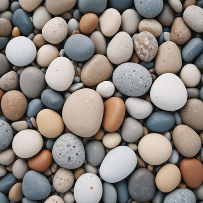 Smooth, colorful pebbles on a beach