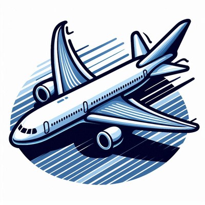 A blue airplane takes off