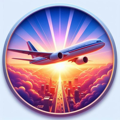 An airplane flies over a city at sunrise