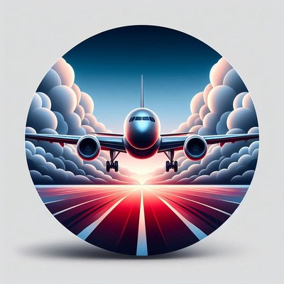 An airplane landing on a runway at sunset