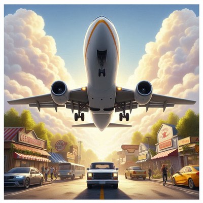 A plane flies over a small town at sunset