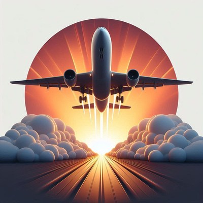 An airplane takes off into the sunset