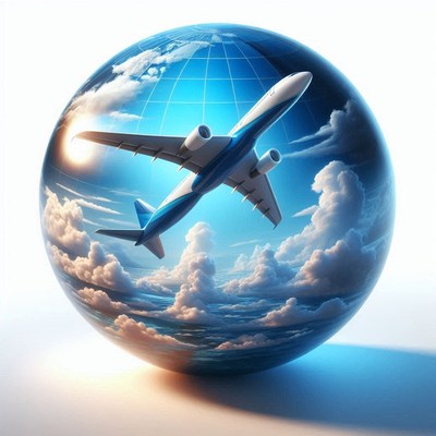 An airplane flies over a globe