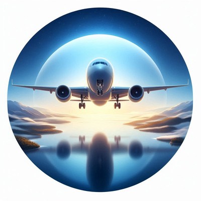 An airplane flies over a lake and mountains at sunrise