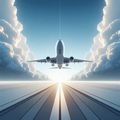 A plane takes off from the runway into the clouds