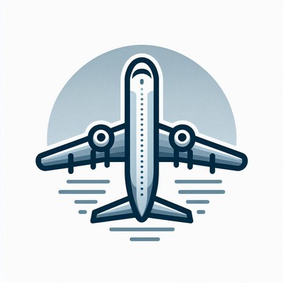 A blue airplane flies against a gray sky