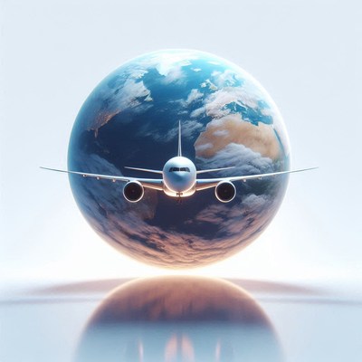 A white airplane flies in front of a globe