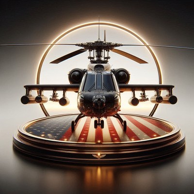 Black helicopter on platform with flag design