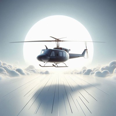 A black helicopter flies through the clouds