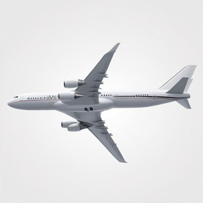 A white airplane flies through a clear sky