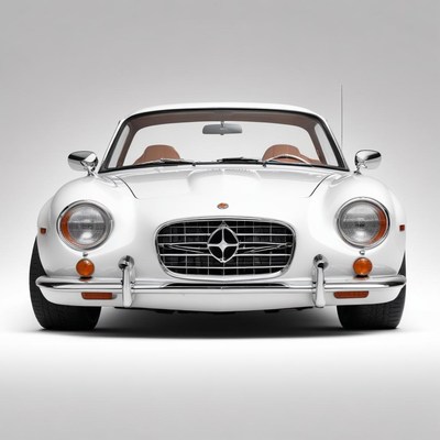 A white sports car is parked in a studio