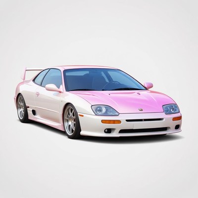 A pink and white car sits on a white background