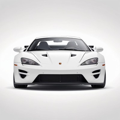 A white sports car is parked in a studio