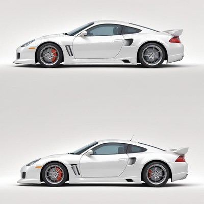 A white sports car is parked on a white background