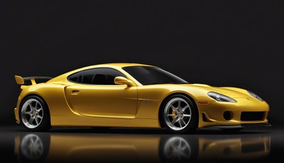 A yellow sports car sits on a black background
