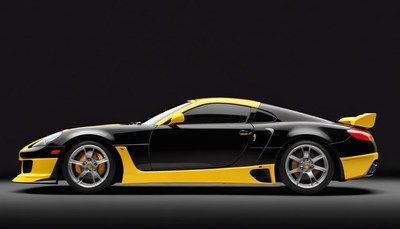 A black and yellow sports car sits on a dark background