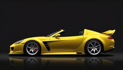 A yellow sports car is parked on a black surface