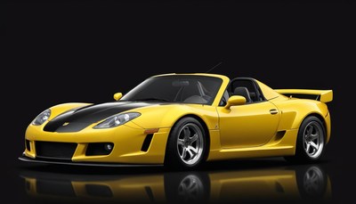 A yellow sports car sits on a black background