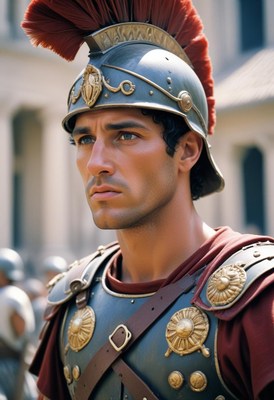 A roman soldier in full armor looks ahead