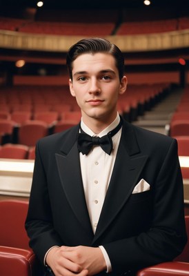 A man in a tuxedo sits in an auditorium