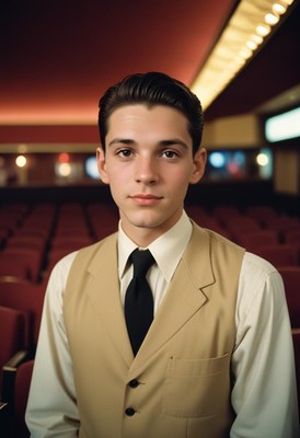 A young man in a theater looks directly at the camera