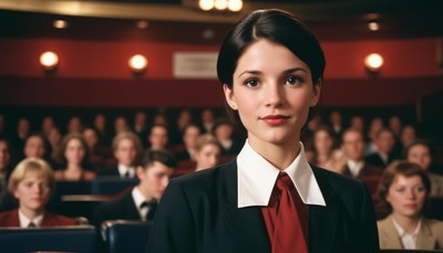 A woman in a suit smiles at the camera in a theater